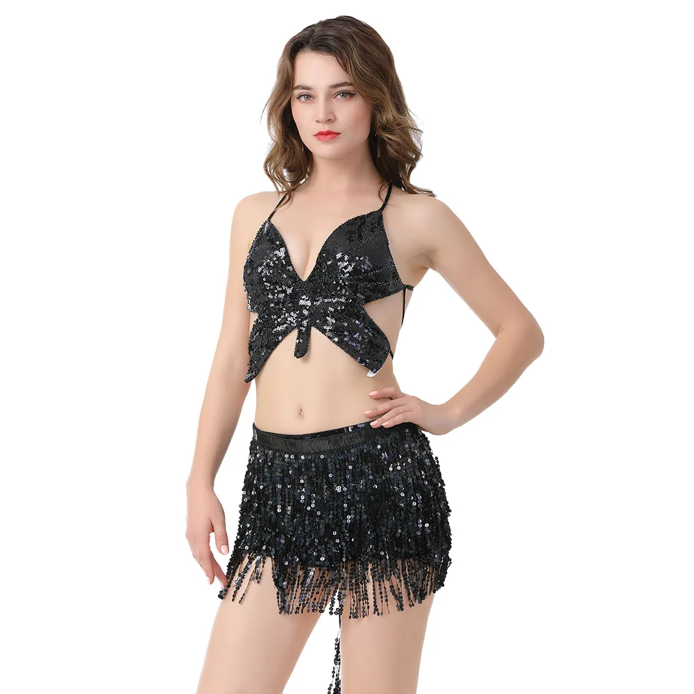Vestido de danza del vientre para actuación en escenario, conjunto de cinturón, ropa india para mujer, falda gitana, borla de lentejuelas, traje de baile en Barra de Jazz