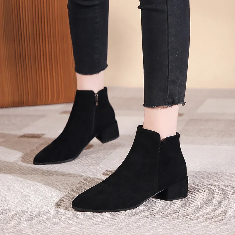 Thick Heel Black Ankle Boots Women\'s 2024 New Fall/winter High Heel Women\'s Pointed Comfortable Single Boots