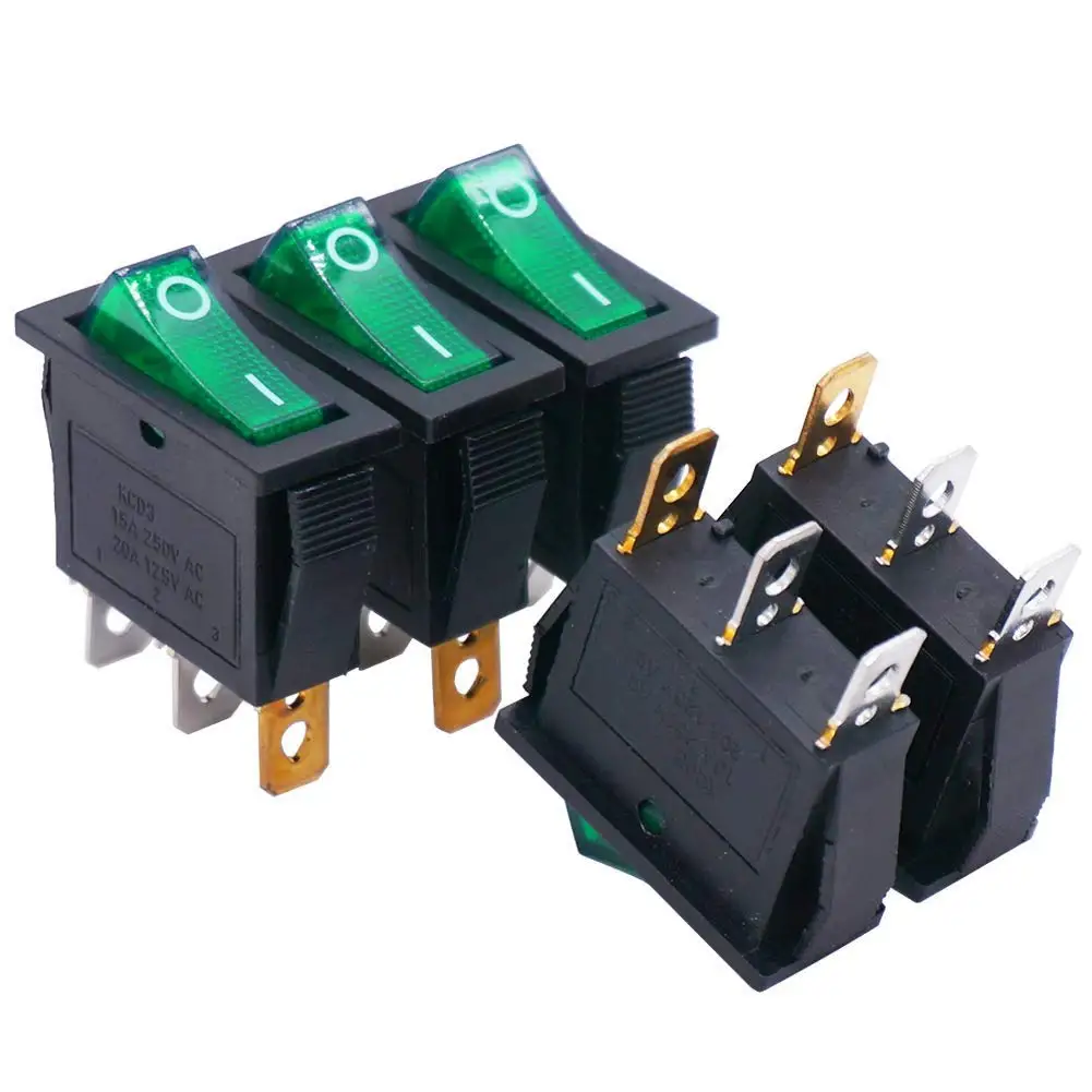 16pcs KCD3 3pin Rocker Switch Toggle SPST AC 250V/15A 125V/20A Illuminated LED On/Off SPST 3 Pin 2 Position Switch