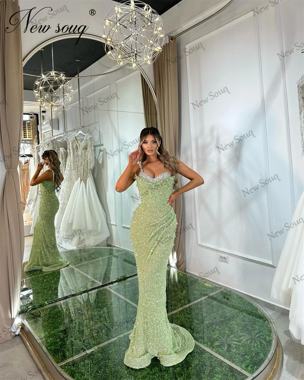 Arabic Elegant Mint Green Mermaid Evening Dresses Sequins Spaghetti Straps Formal Celebrity Dress 2023 Robes Long Party Gowns