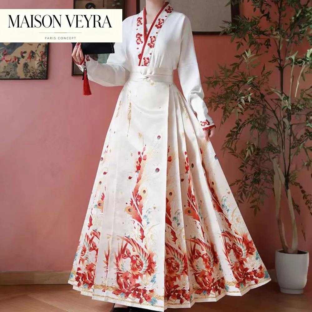 2PCS Vintage Hanfu Horse Face Skirt Fashion Women Chinese Traditional Shirt Hanfu Pleats Skirt Set White Red Black Mamianqun