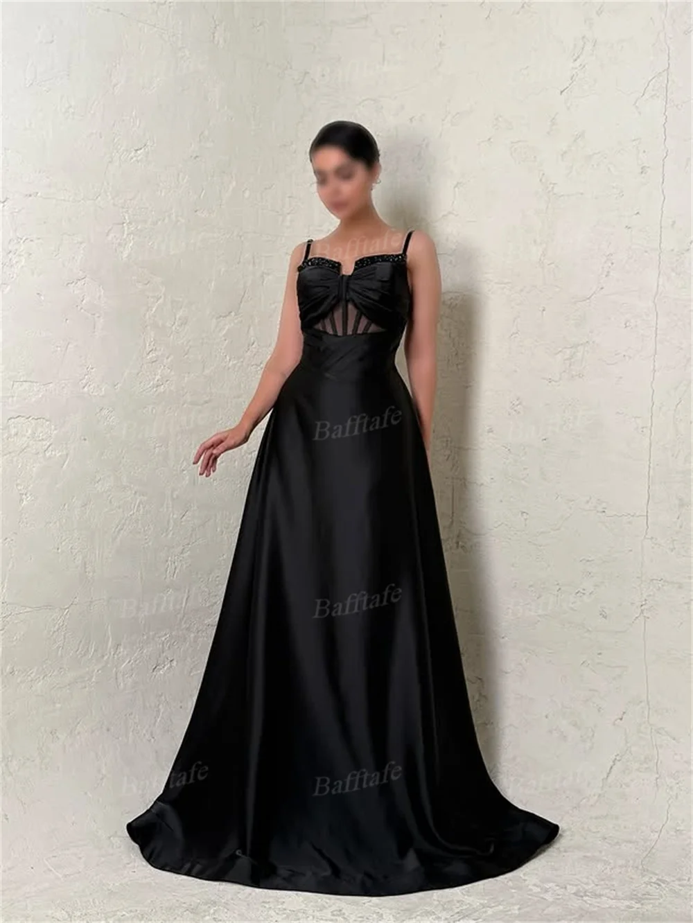 Bafftafe カスタマイズされた黒のサテンのイブニングドレスストラップビーズ女性ウエディングドレス特別な機会フォーマルパーティー誕生日ドレス 2026