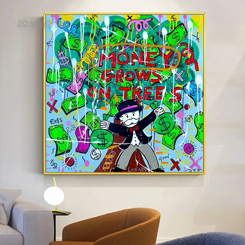 Alec Monopoly Raining Money Art Canvas Painting Money Grows on Trees Poster Cartoon Motivational Wall Art Picture for Home Decor