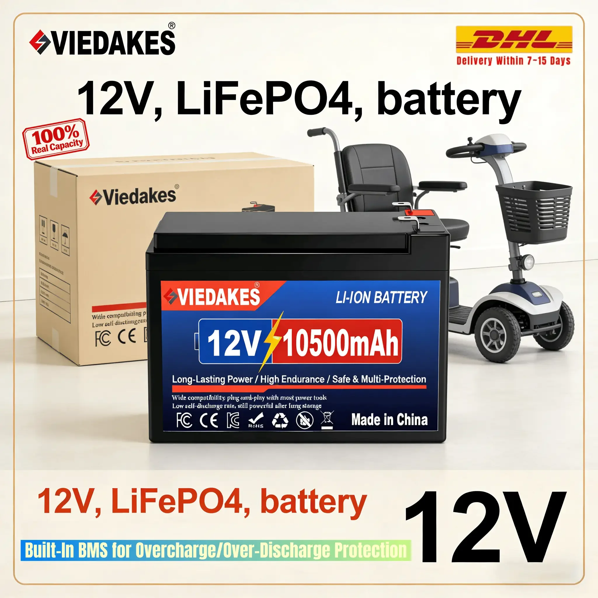 

VIEDAKES 12V LiFePO4 Battery 3S7P 10.5Ah 100% Real Capacity with Charger for Solar Power Security Camera Emergency Backup