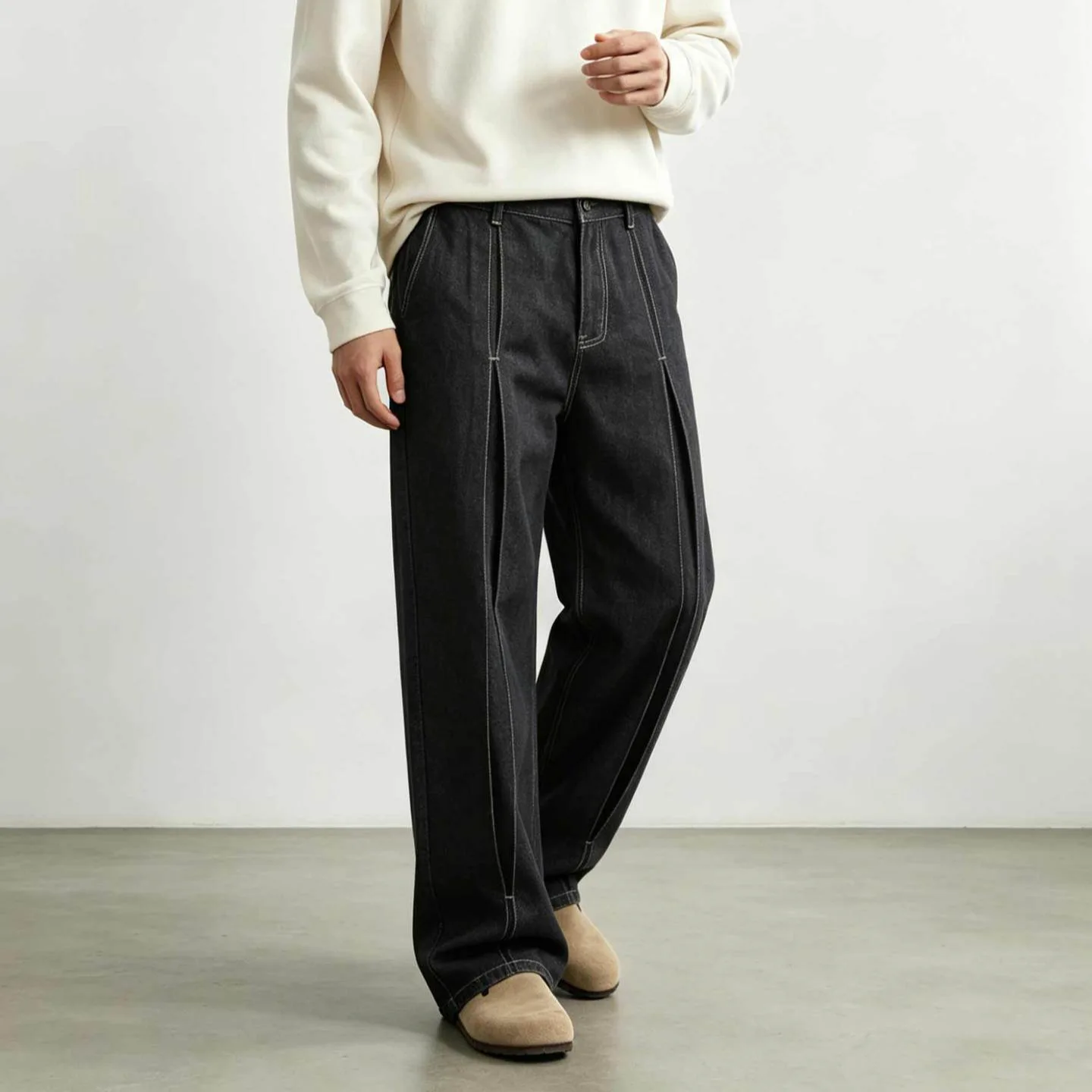 Four Seasons New Fashion American Vintage Men Black Solid Color Loose Wide Leg Pleated Simple Basic Denim Trousers Male Jeans