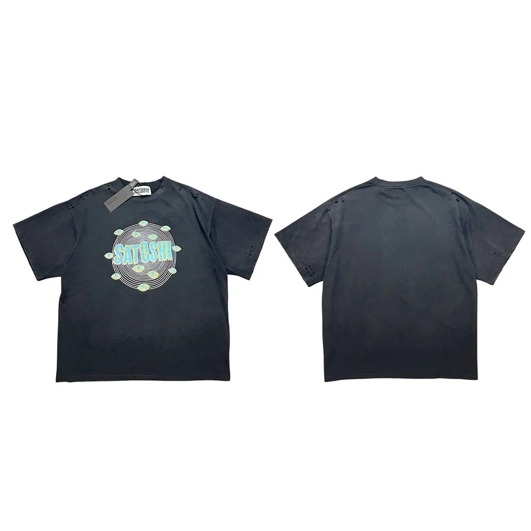 Summer T-shirt Oversized Distressed Black T Shirt SATOSHI Eye Circle Graphic Print Crew Neck Loose Streetwear Short Sleeve Tees