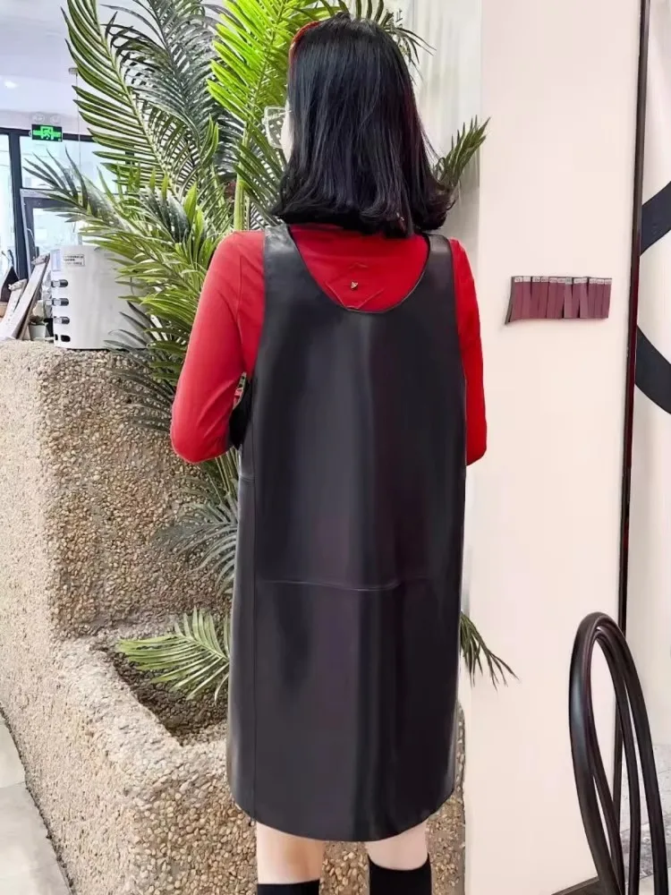 เดรสหนังแท้ทรงเอ สไตล์ลำลอง คอวี แขนกุด สำหรับผู้หญิง ใส่สบาย เหมาะกับฤดูใบไม้ร่วง สีดำ