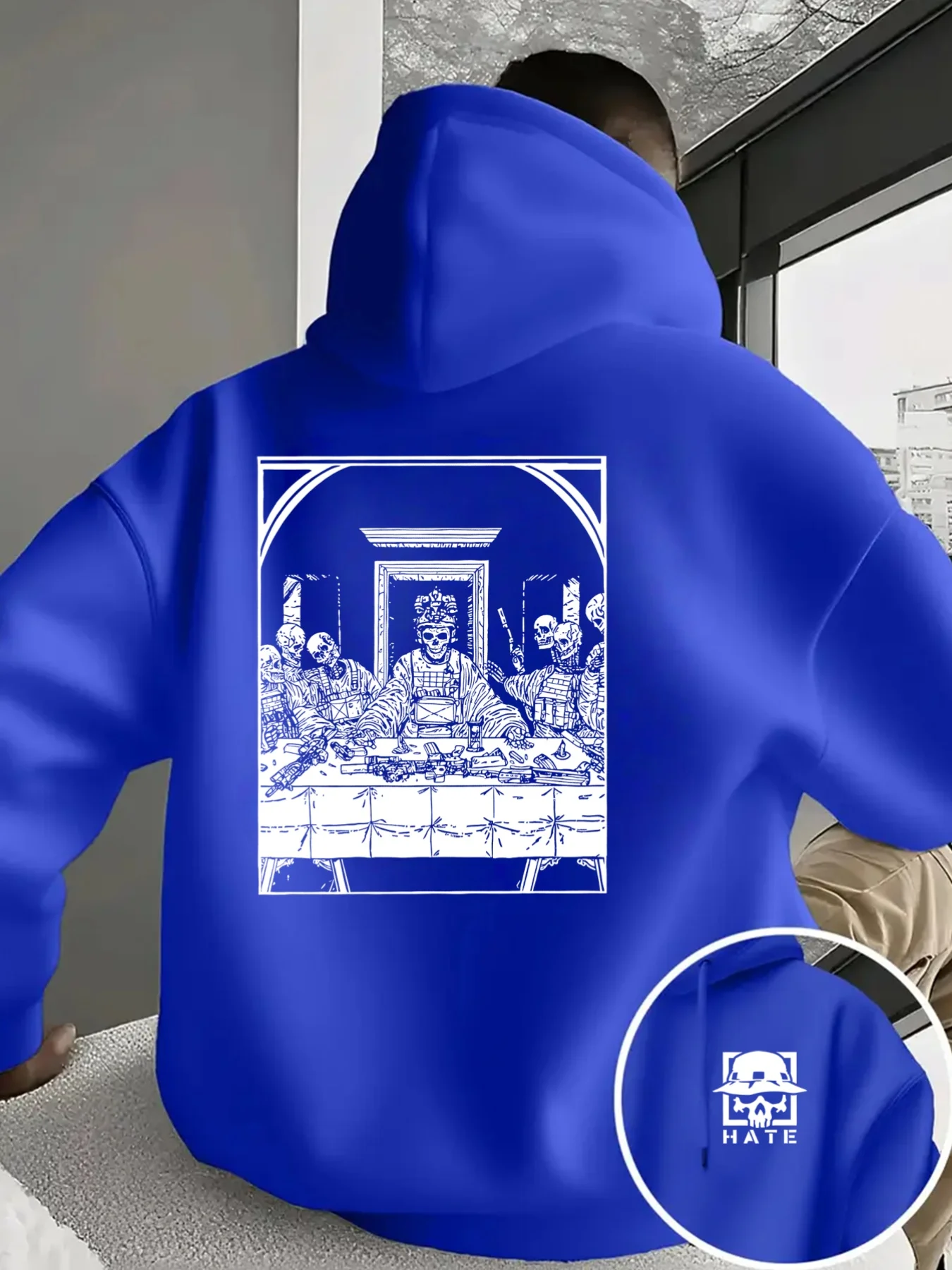 Herren Sport Hip-Hop Hoodie mit Skelett-Last-Supper-Rückendruck, Streetwear, lockerer Fleece-Pullover, lässiges Herren-Outfit – Detail 3