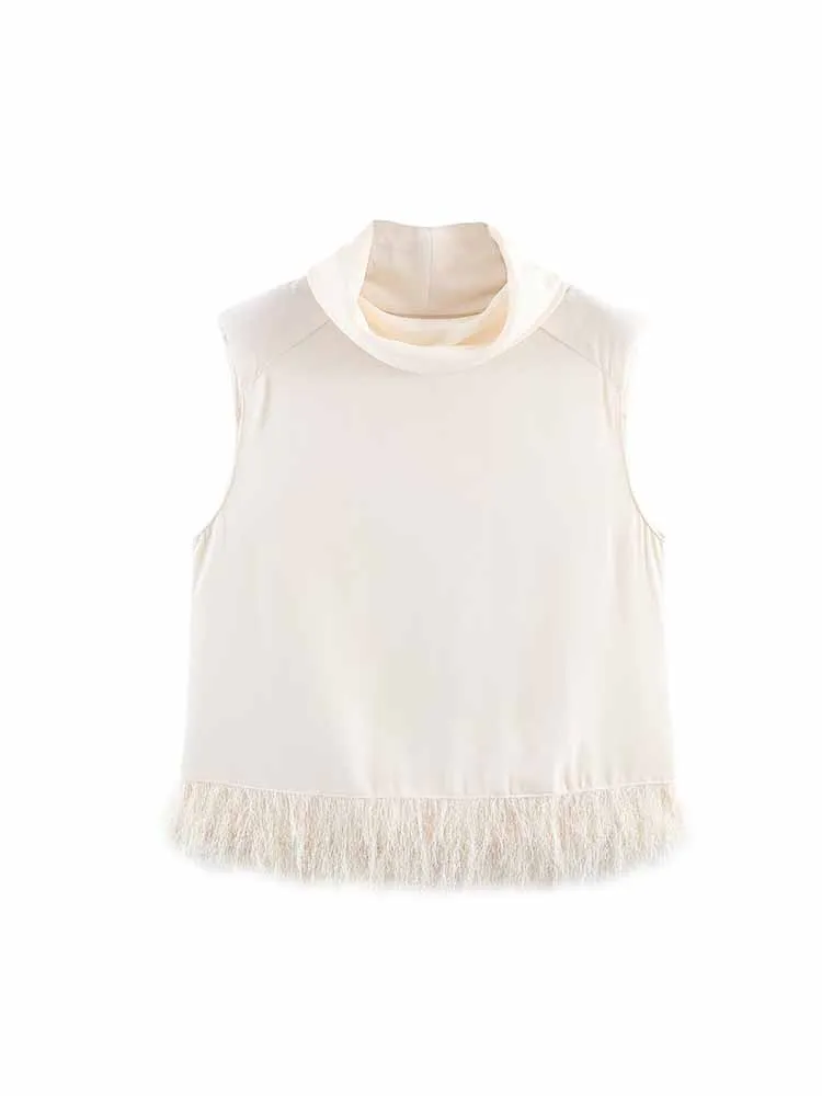 

Женский весенний модный комфортный топ без рукавов с воротником-стойкой, декорированный бахромой, с подплечниками, повседневный однотонный жилет