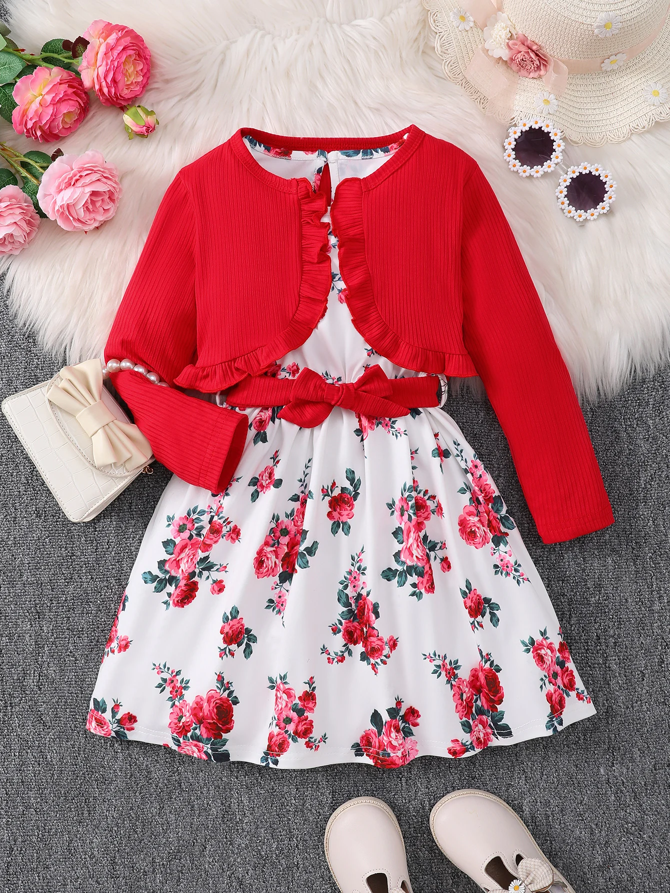 4-7 Years Kids Girls 2PCS Dress Set Solid Knitted Overcoat+Floral Sleeveless Dress with Belt Photography Style Princess Clothing