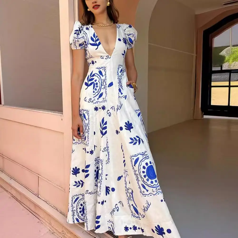 Vestido maxi colorido com v pescoço e bolha mangas para as mulheres, tamanho grande, com bolsos laterais, para festas de baile, verão