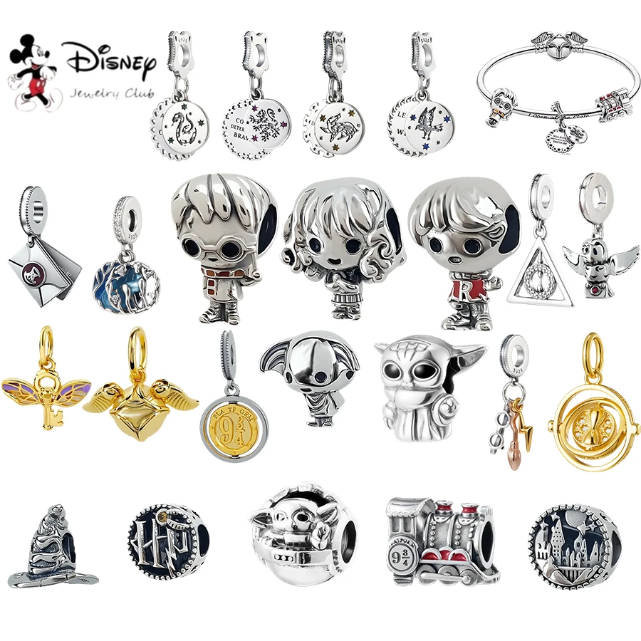 Abalorios de plata 925 con personajes de dibujos animados de Disney, abalorios con colgante de Snitch dorada/Yoda/castillo, regalos de joyería DIY para fanáticos, mujeres y niñas