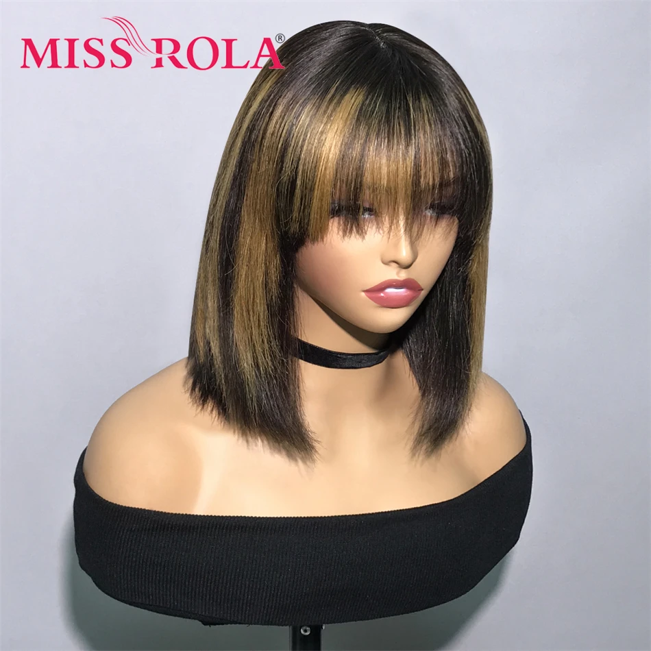 Miss Rola 2x1 Lace Part Bob Wigs 100% Human Hair Lace Bob Wig With Bangs Brazilian Remy Hair Wig Highlights Natural Hairline