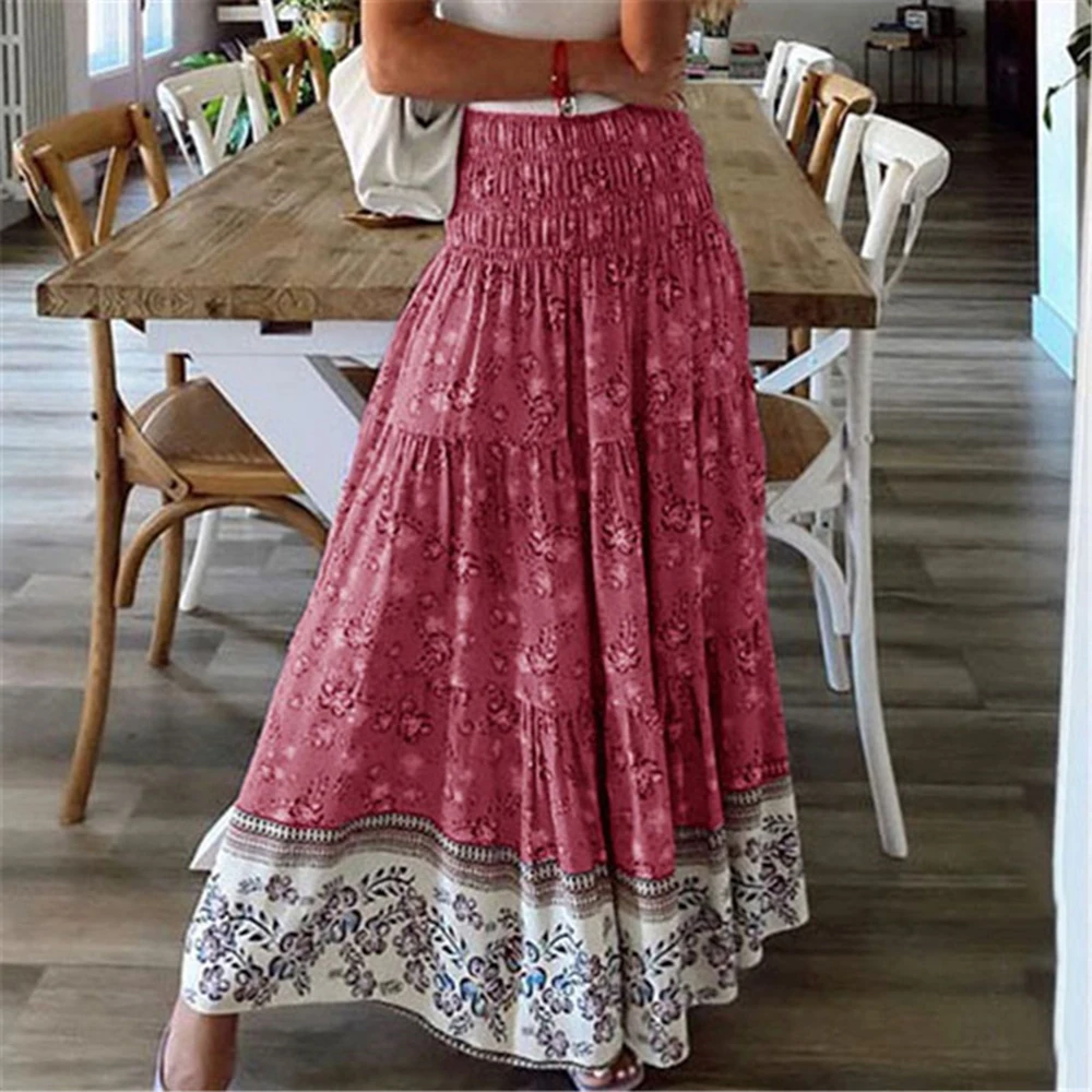 Boho Casual Drucken Maxi Rock Frauen Sommer Mode Sexy Hohe Taille Röcke Frauen 2021 Rosa Strand Floral A-line Lange Röcke femme