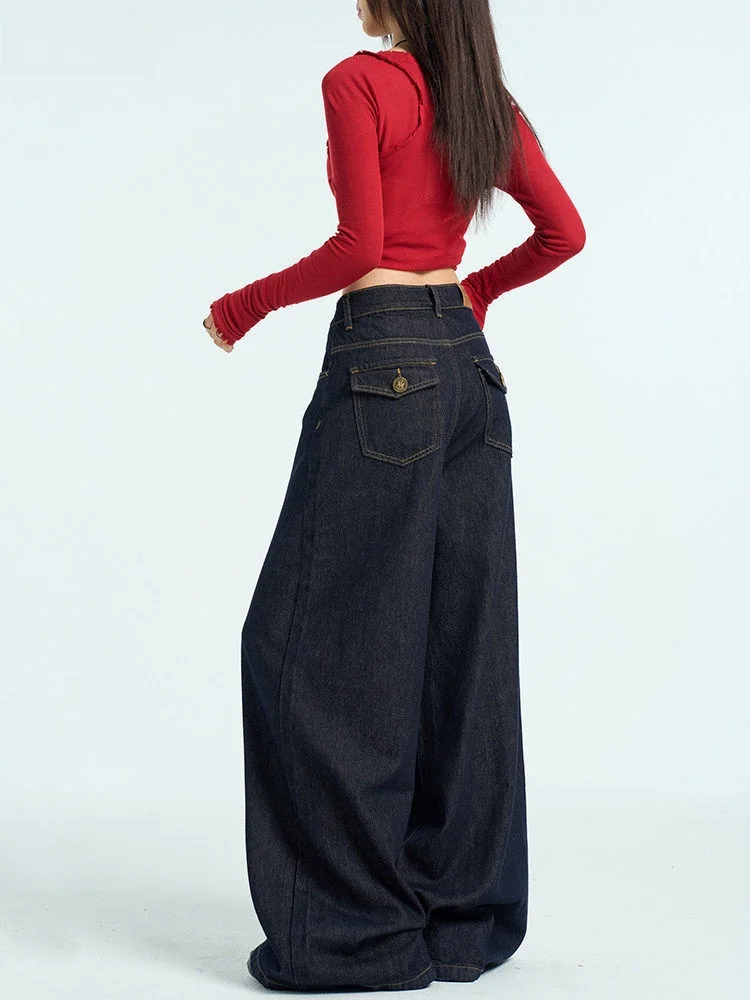 TGXQ High Waist Loose Fit Straight Leg Vintage Wide Leg Jeans Women's Flip Cover Original Blue Color American Style Denim Pants