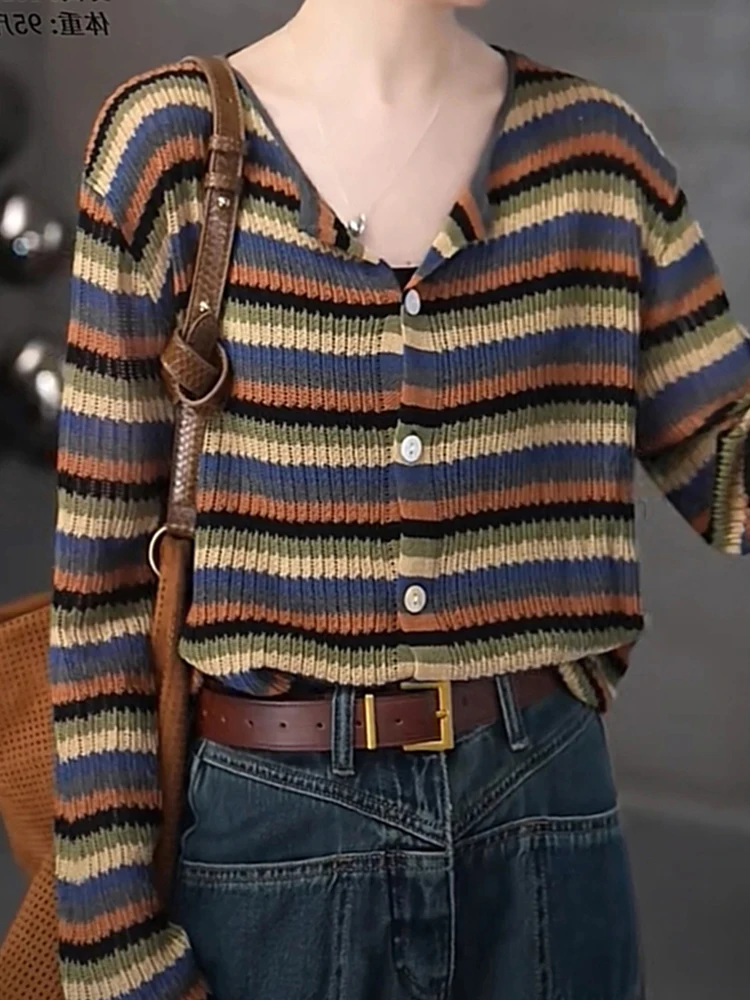 

Korean Sle Striped Knitted Open Cardigan Faionable Retro Slimming Base Layer Long Sve Top for Younger Looking