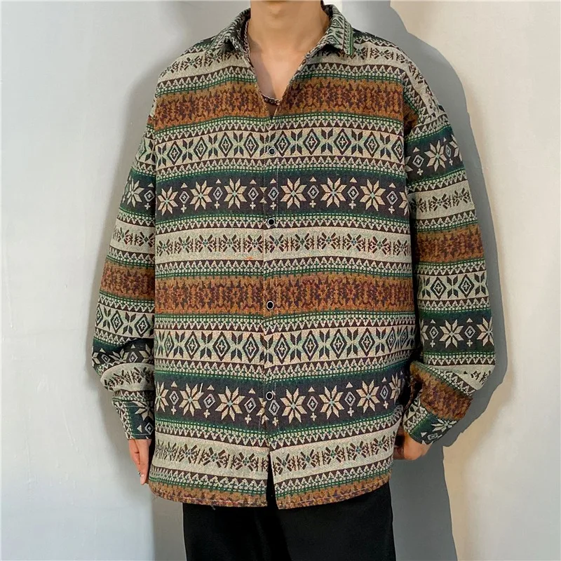 

Spring Vintage Ethnic Long Sve Knitted Woolen irt Loose Men's Baroque Sle Coat Casual Youth Faion Polyester Fiber