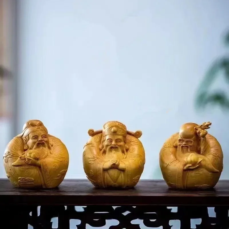 3 pcs Wooden Fu Lu Shou Statue, Hand Carved  Wealth God Figurine for Home Office Car Feng Shui Decor, Lucky Prosperity Ornament
