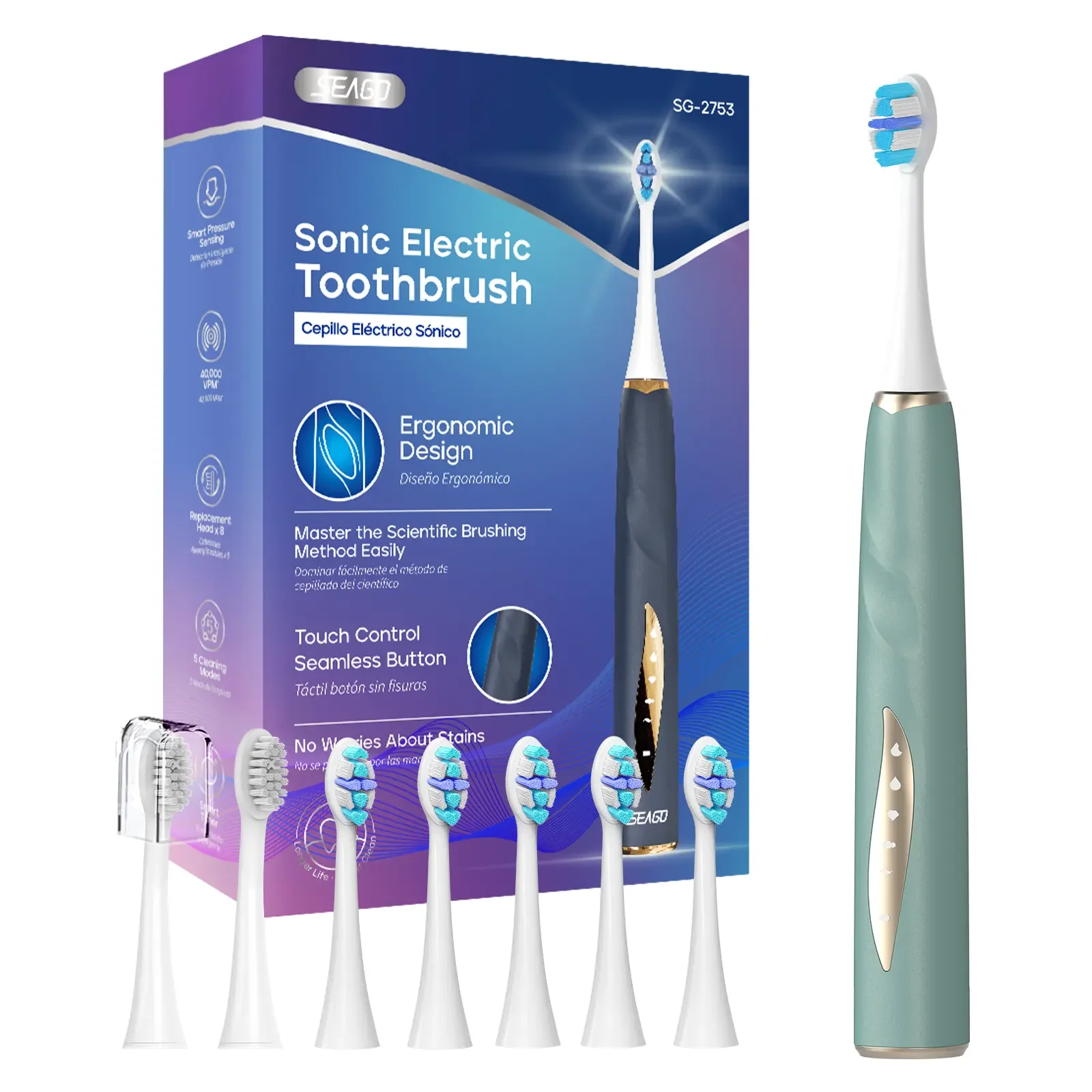 

Seago New arrival SG-2753 seamless touch 5 modes smart pressure sensor rechargeable sonic tooth brush