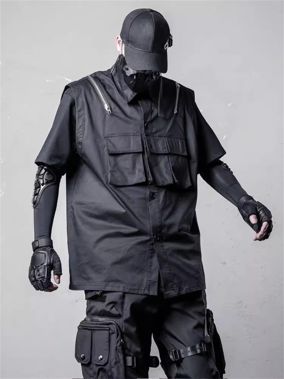 Summer Shirts Vests Men Streetwear Hip Hop Tactical Cargo Shirt Oversized Harajuku Multi Pockets Zipper Design Sleeveless Shirts
