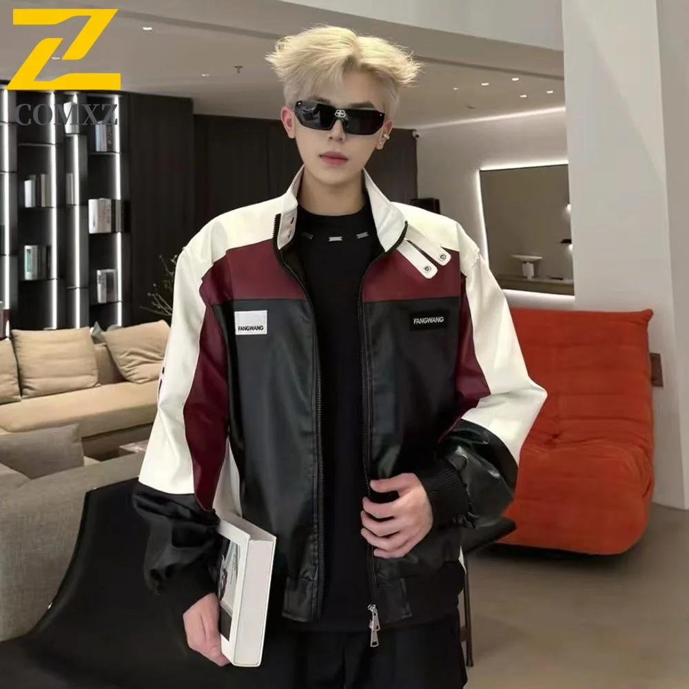 

2025 Мужская кожаная куртка с цветными блоками, модная универсальная стираная куртка из искусственной кожи с воротником-стойкой, мотоциклетное пальто для отдыха на открытом воздухе