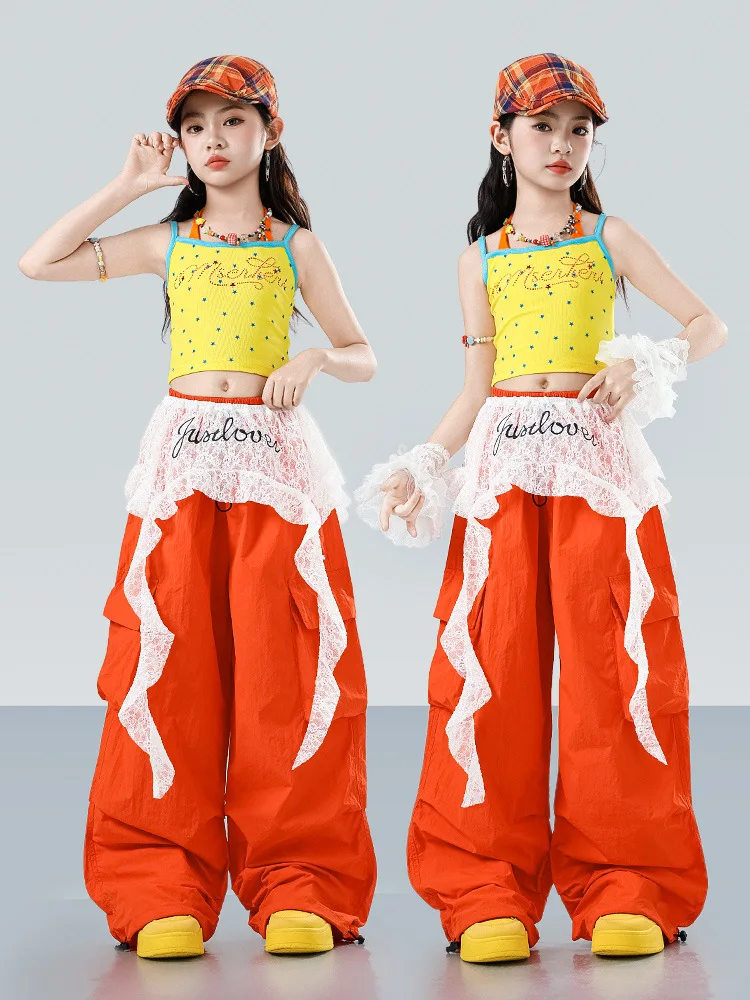 Girls K-pop Crop Sweet Tank Top Street Dance Cargo Pants Kids Hip Hop Streetwear Children Jazz Costumes Girl Group Clothes Sets