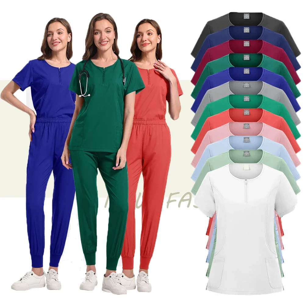 HZMNOI Doctor Scrubs Nursing Uniforms for Women Men Anesthetist Set Tops and Jogger Pants Thin Fabric Operating Room Workwear