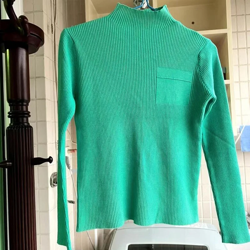 Women Korean Sweater 2024 Autumn Winter Half High Collar Knitted Pullover All-Match Soft Solid Colors Long Sleeve Jersey Sueter