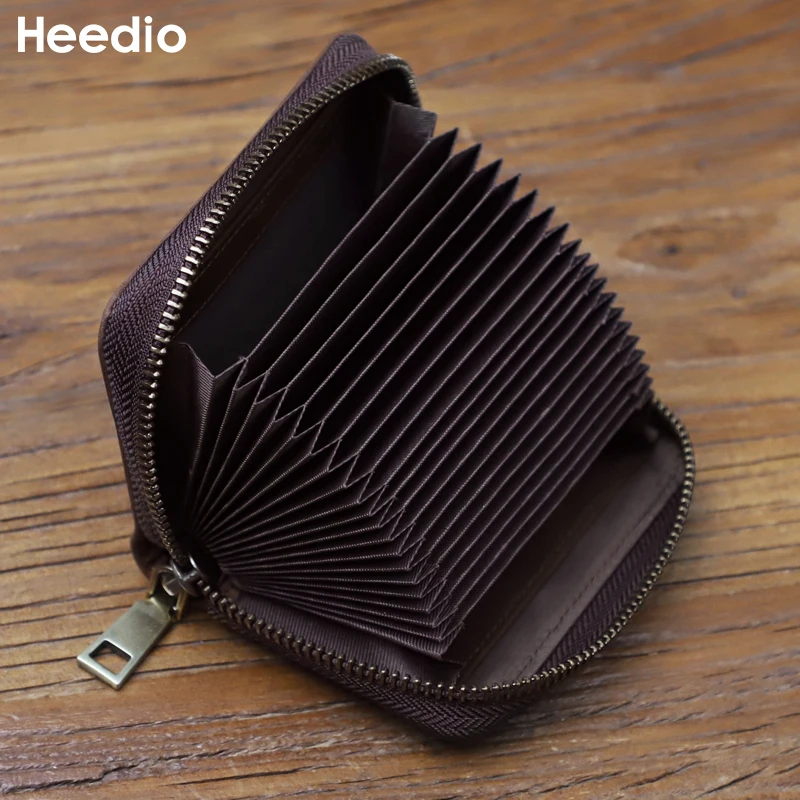 NFC Blocked Credit Card Holder Bag For Men Women Vintage Handmade Genuine Leather Short Card Wallet with Zipper Money Bag