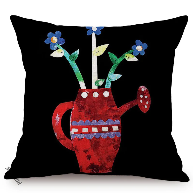 Nordic Hand-Painted Home Decor Sofa Throw Pillow Case Cactus Vase Parrot Cock Perfect Gift Cute Cartoon Decorative Cushion Cover