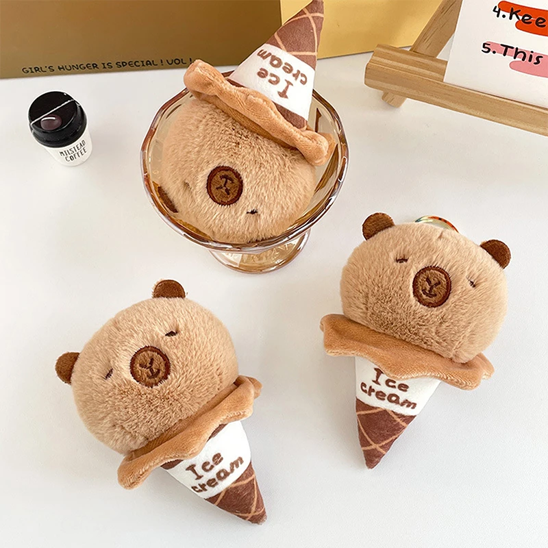 1PC Cute Ice Cream Cone Capybara Plush Doll Toy Stuffed Animals Keychain Bag Pendant Diy Key Hanging Ornament Accessory Gift