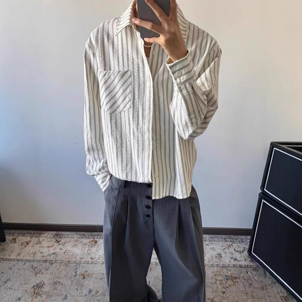 American Style Striped Bubble Shirts For Men Square Collar Button Long Sleeve Shirt Casual Comfortable Breathable Blouse