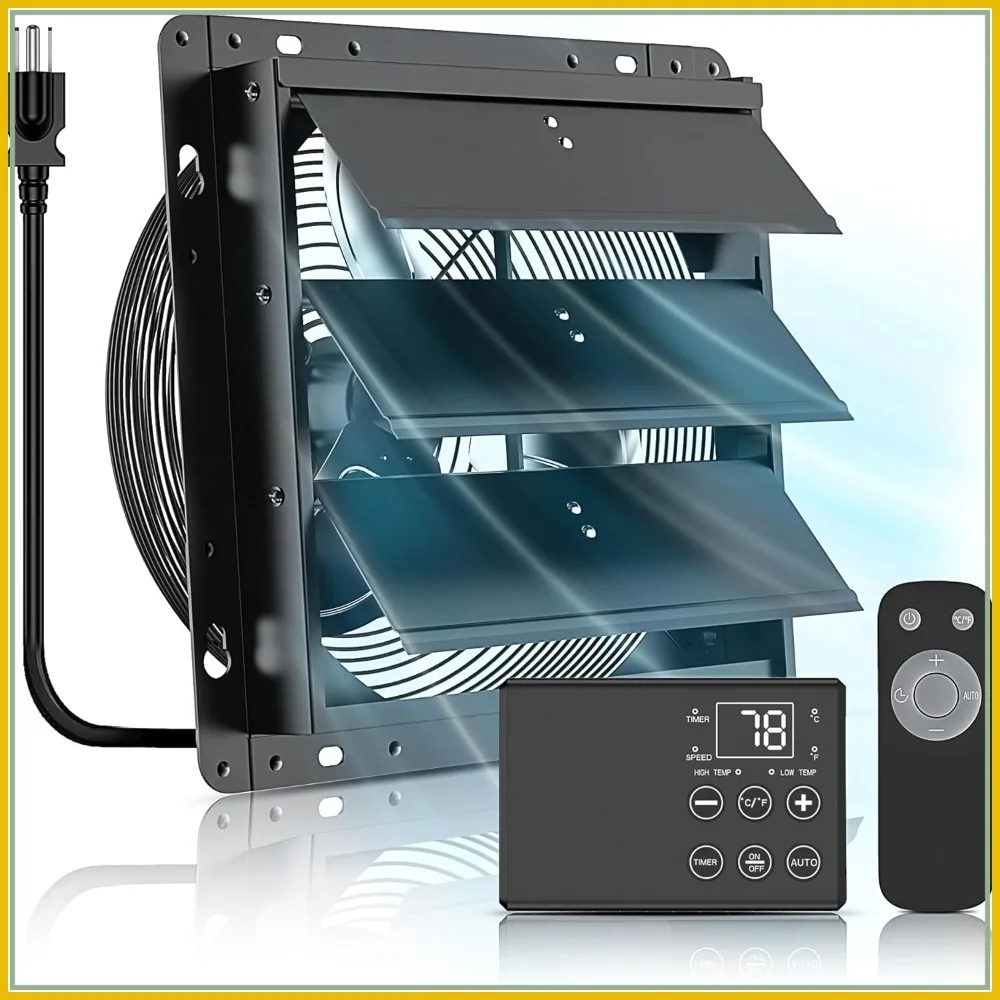 

10 Inch Shutter Exhaust Fan with Thermostat & Remote, 890 CFM Wall Mounted Garage Fan for Attic, Greenhouse, Shed, Coop