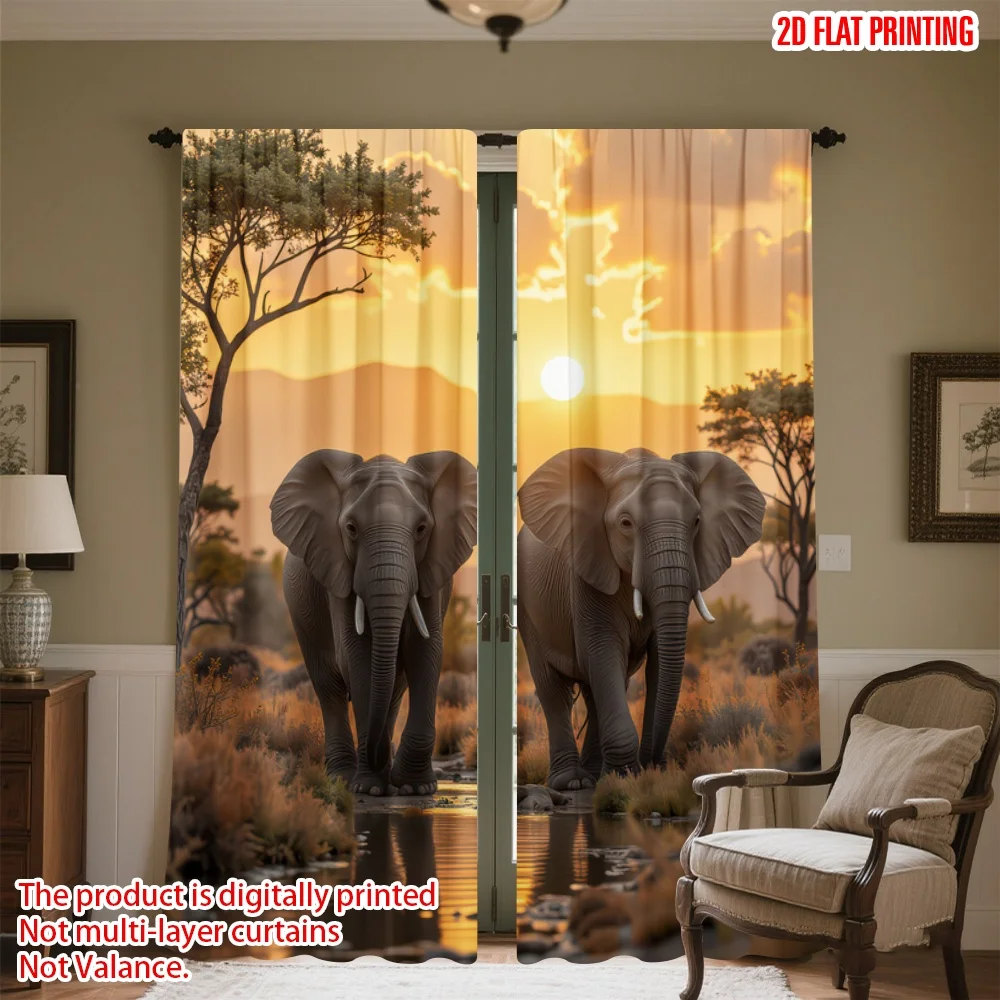 

2D flat printing 2pcs Party Curtains Elephants at Sunset Digital Printed Polyester Drapes Birthday Party for Indoor Celebrations