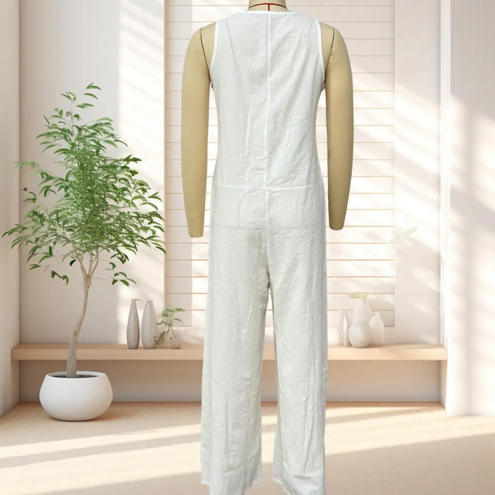 

Summer Women Jumpsuit V Neck Sleeveless Front Button Casual Loose Wide Leg Pants Ladies Long Romper Overall With Pockets