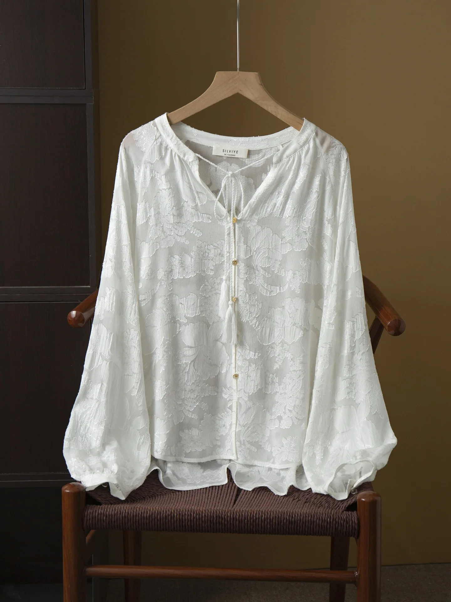 Winsleter-47%Silk 53%Viscose Elegant Shirt, V Neck Long Sleeve Lace-up, Women French Casual Sheer Blouse, 2026 Autumn T67034CC