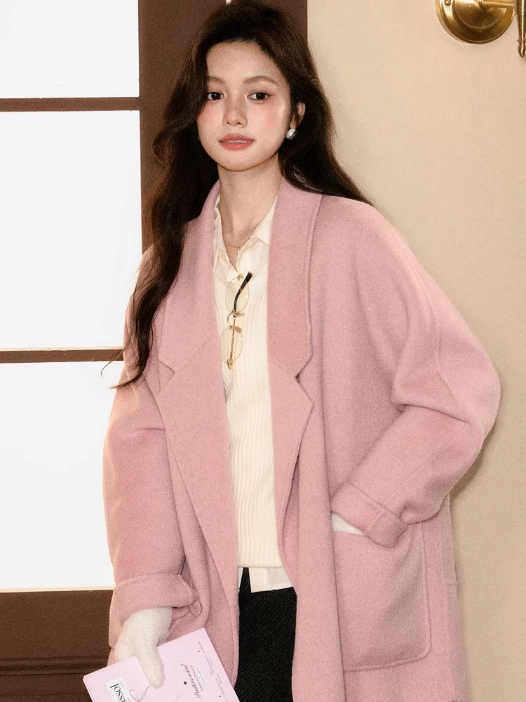 Abrigo de Lana Rosa ALXNAN, Talla Grande, Cuello de Solapa con Muescas, Bolsillos Inferiores, Corto, Mezcla de Lana, Primavera, Cálido, Chaquetas de Alta Calidad para Mujer L58157