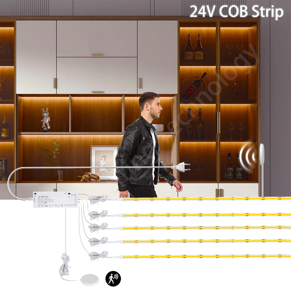 Lumière LED COB pour armoire DC24V, 320 LED/m avec capteur de mouvement PIR pour éclairage adhésif de vitrine de garde-robe DIY, 1m-5m