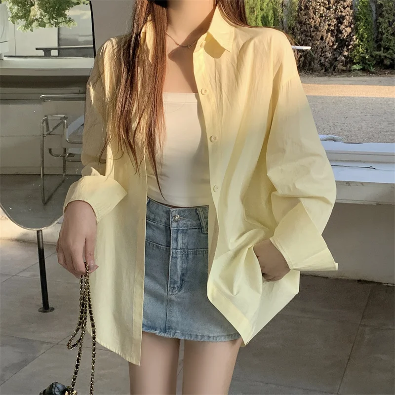 Basic Shirt for Women Long Sleeve Button Down Collared Loose-fit Plain Parisian White Shirt Spring Summer Chic Tops Outfit