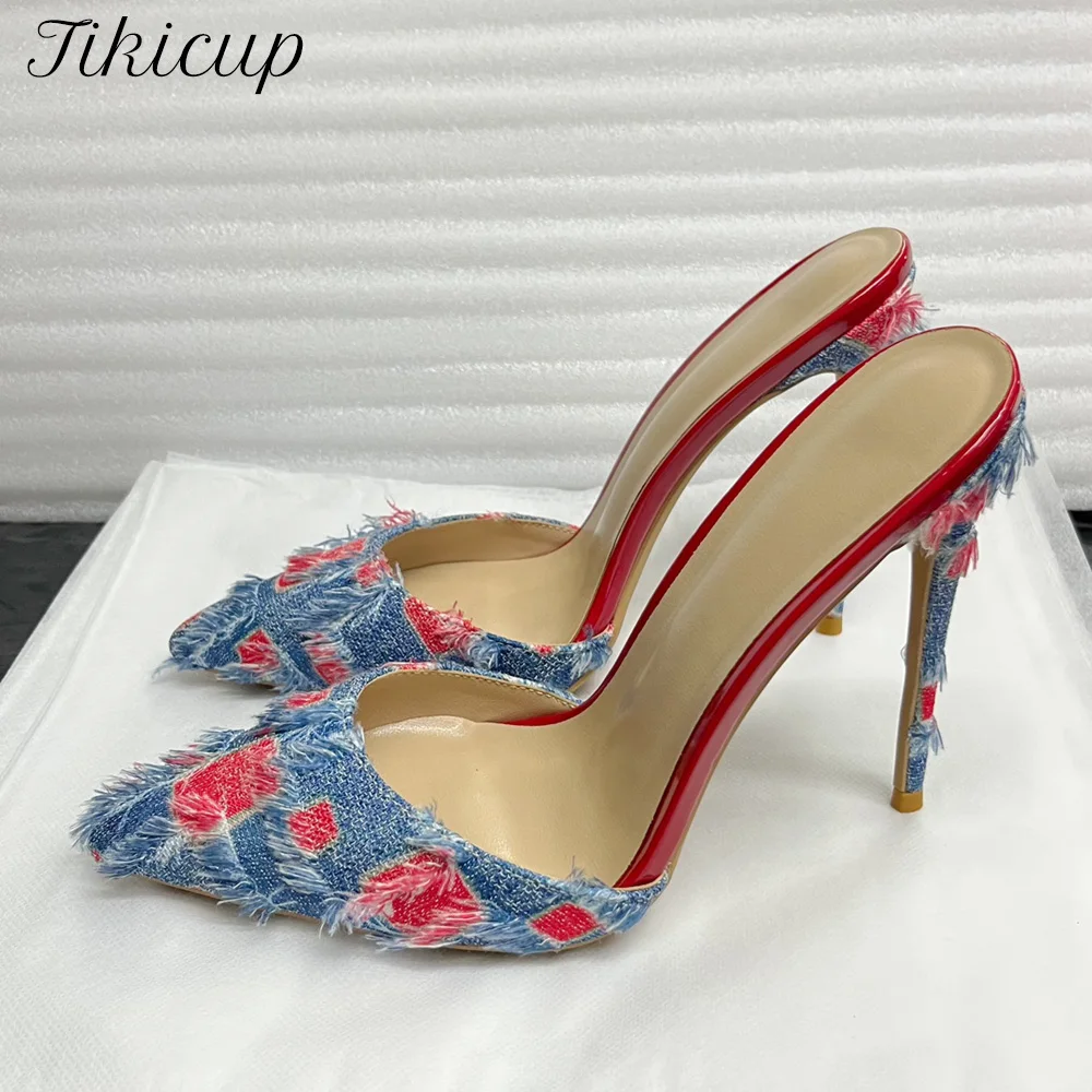 

Новые модные женские сабо с острым носком, джинсовые синие босоножки без шнуровки на тонком высоком каблуке, сексуальные женские клубные вечерние сандалии 12 см 10 см