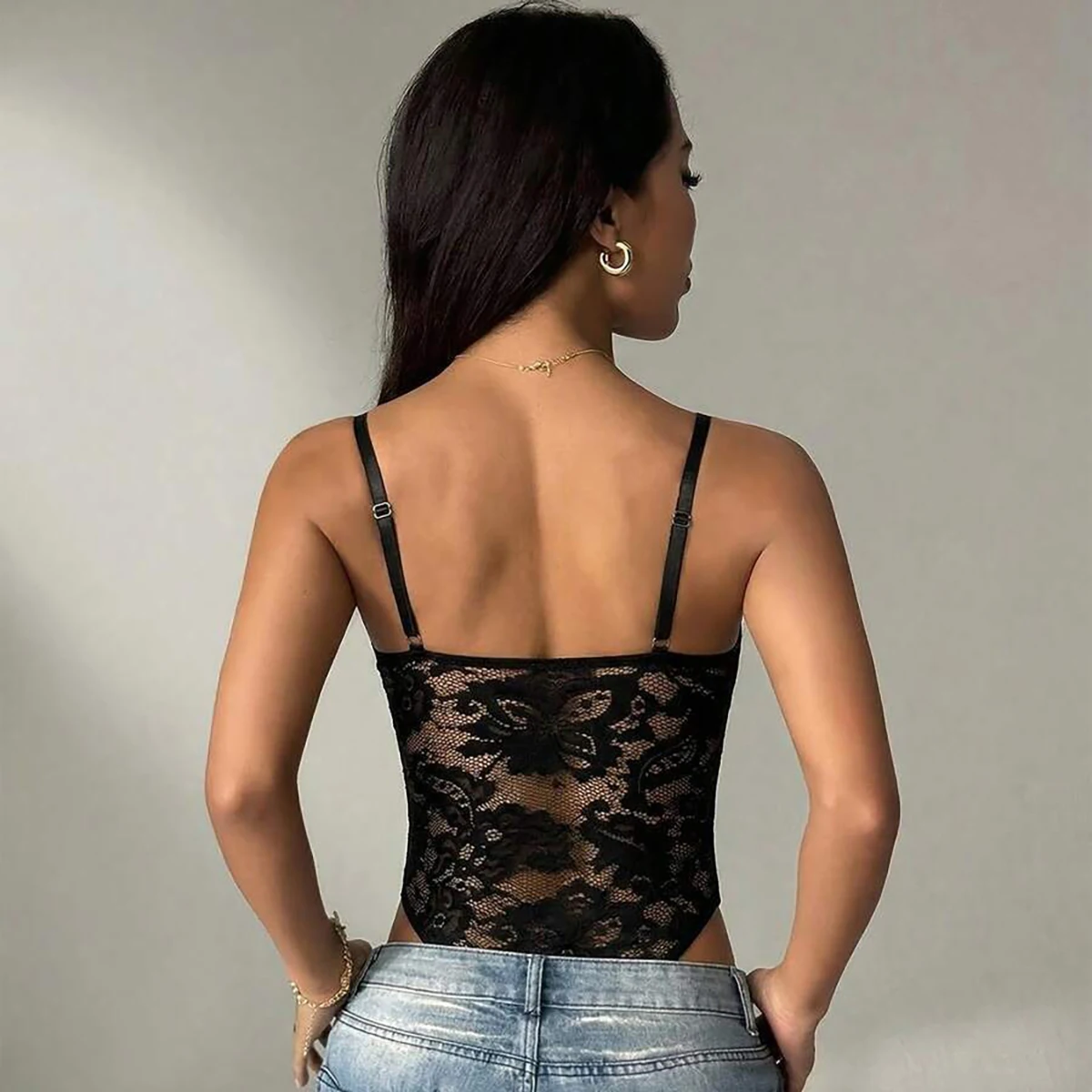Damen Sexy Spitzen-Bodysuit mit Spaghetti-Trägern, Figurbetont, Club-Party-Outfit – Detail 6