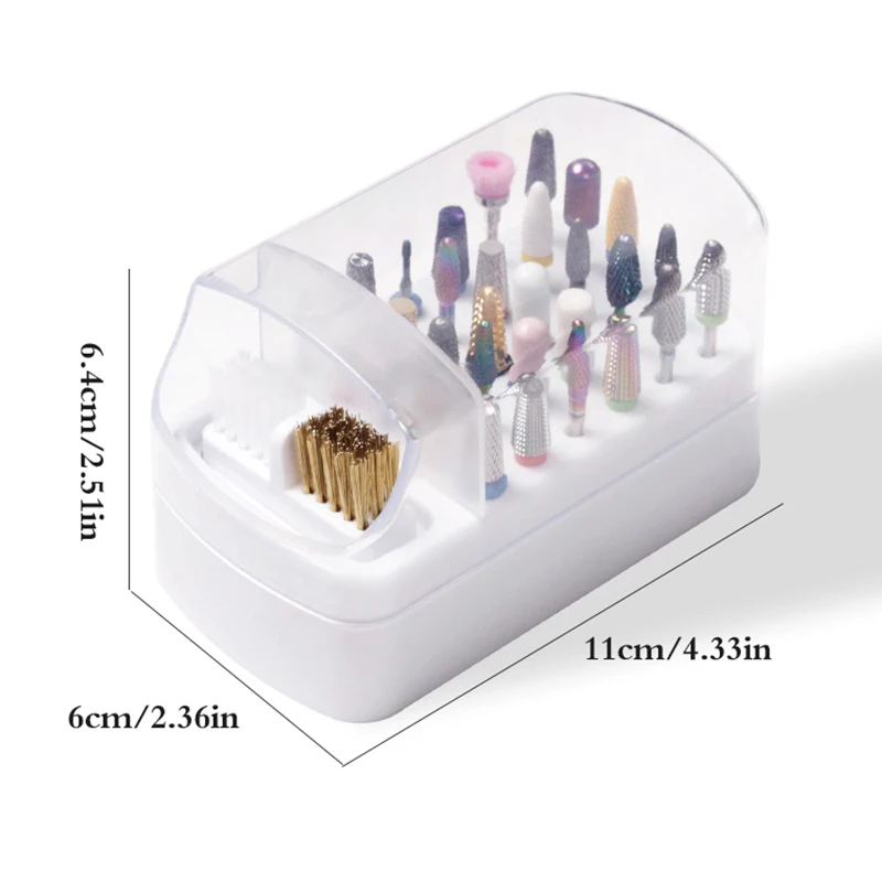 30 Holes Nail Drill Bits Holder Clear Dust Proof Drill Bit Case for Acrylic Nail Drill Bits Storage Nail Tools With Brush