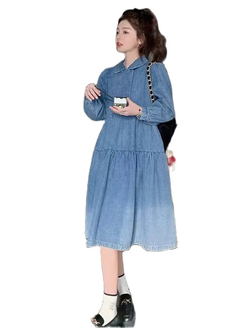 Korea Denim Dress For Women Spring New Long Sleeve Double Breasted Loose Sweet Korean Style Elegant Girl Cowboy Dresses