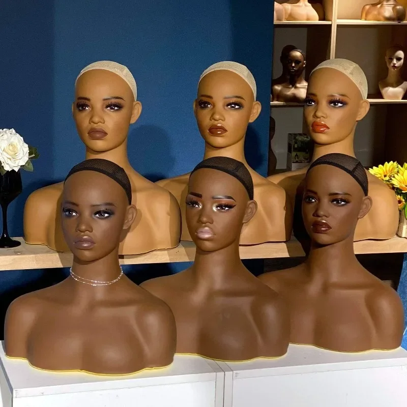 African black wig display model head, double shoulder earrings hat display model head