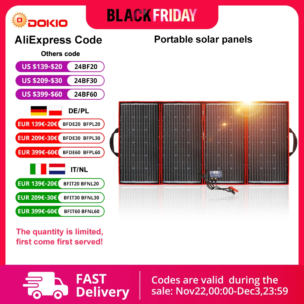 Dokio 300W 12V/18V High Efficience Monocrystalline Flexible Foldable Portable Solar Panel For Powerbank/Camping Caravan/Boat/Car