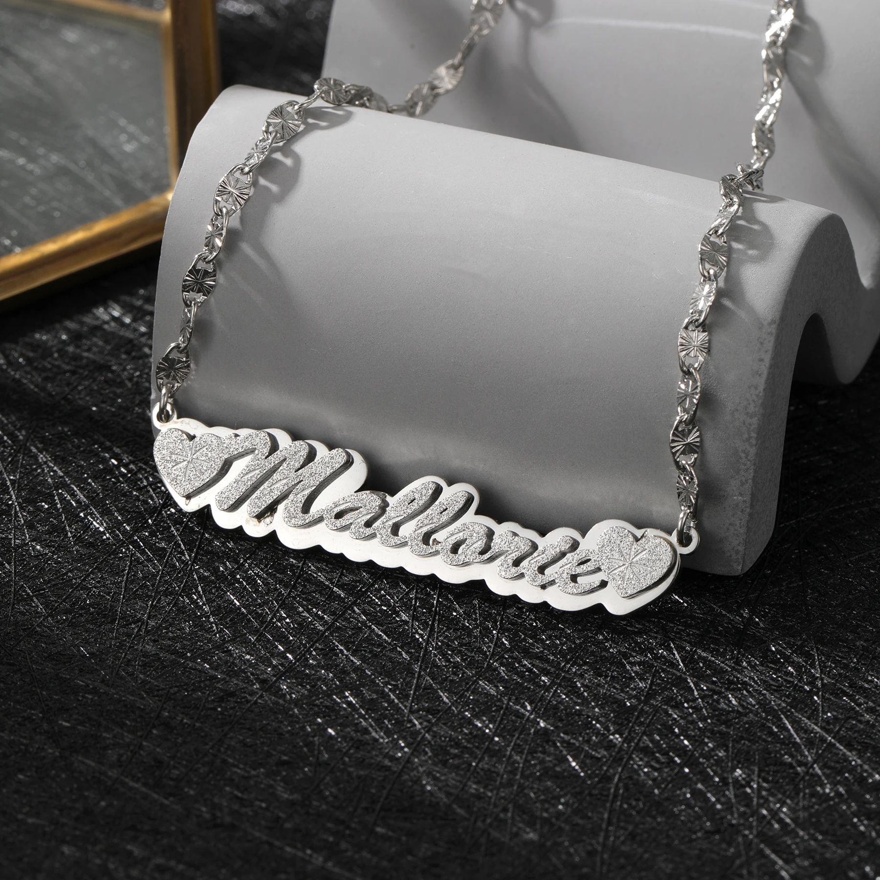 Double Layer Custom Name Necklace Laser Cut Sandblasted Stainless Steel Welded 3D Textured Pendant Personalized Gift for Lover