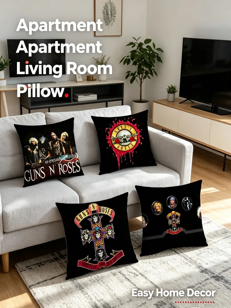 Guns N' Roses Printed Pillow Cover, Retro Rock‑Band Polyester Square Cushion Case for Sofa Bedroom Decoration