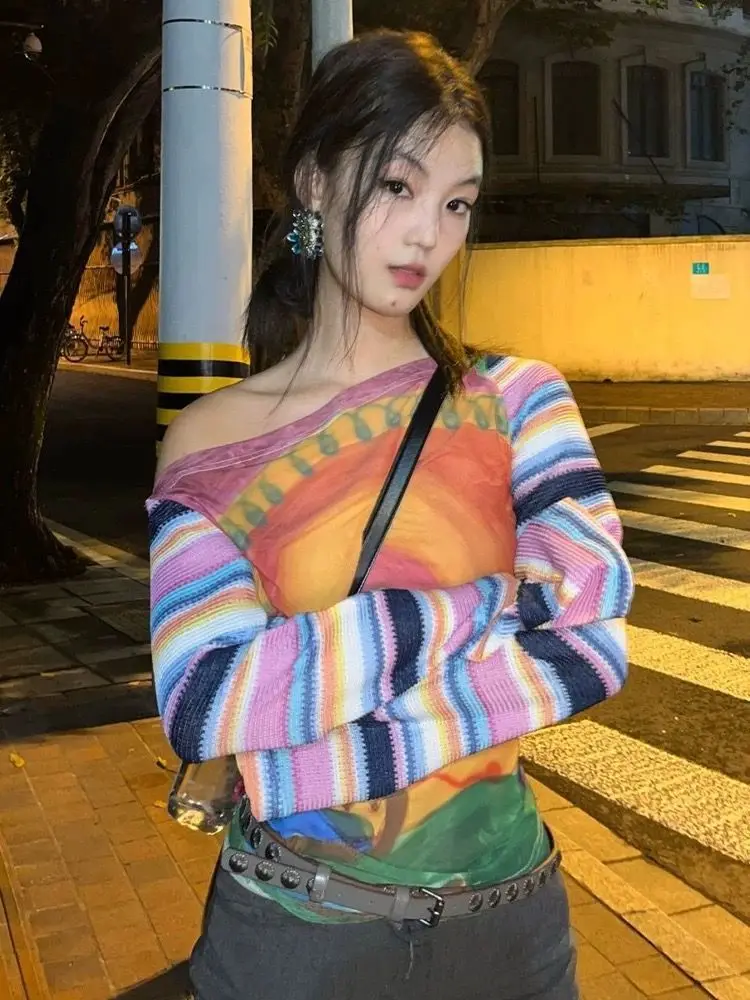 

Y2k лоскутные вязаные топы с разрезом на шее и принтом, женские осенние полосатые футболки с длинными рукавами в стиле ретро, уличная одежда в стиле Харадзюку в стиле гранж