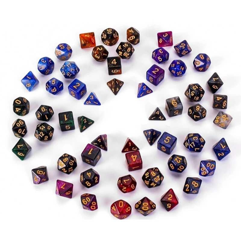 Mixed Color Glitter Dnd Dice Polyhedron Dice Set 7-Piece D4 D6 D8 D10 D10% D12 D20 For Rpg Role Playing Game Math Teaching