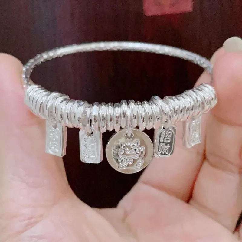 

9999 Beaded Coiled Lucky Inscription Women, National Trend, Peace And Joy, Fortune Silver Bracelet
